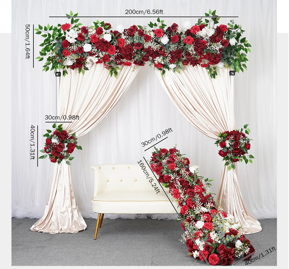 Description Picture 6 of itemBurgundry Rose White Baby Breath Greenery Wedding Arch Red Floral Arrangement Event Table Runner Curtain Decor Flower Party Prop
