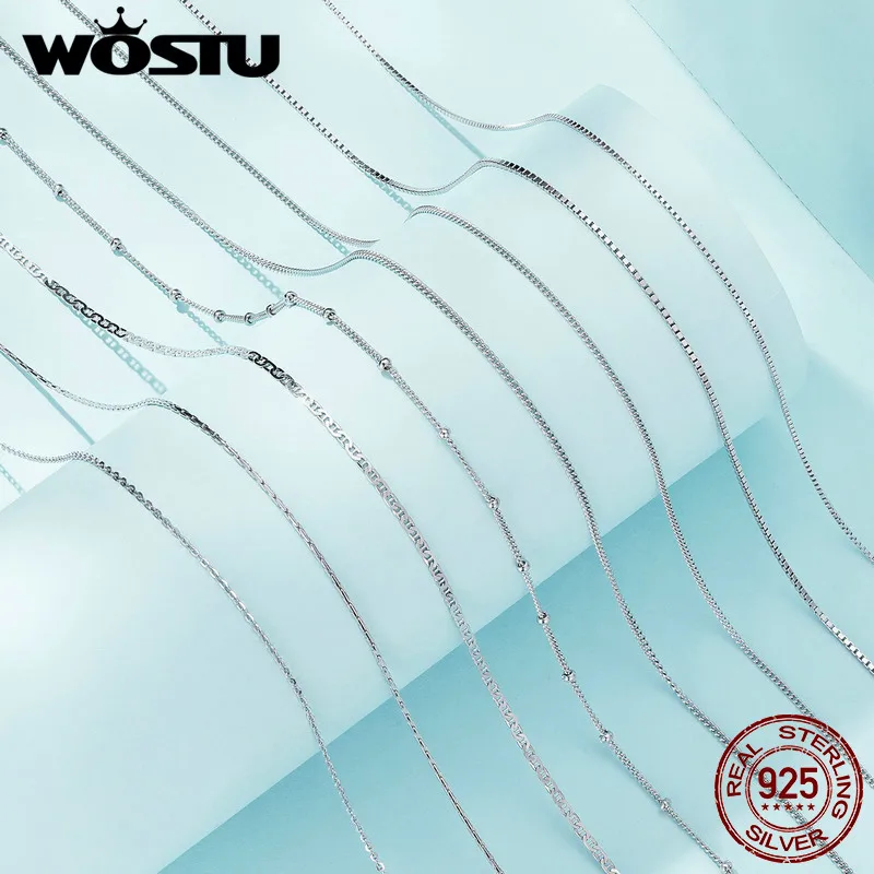 Silver Necklace WOSTU 925 Sterling Silver Plated Gold Simple Basic Clasp Chain For Women Wedding Party Fine Fashion Jewelry Gift Making