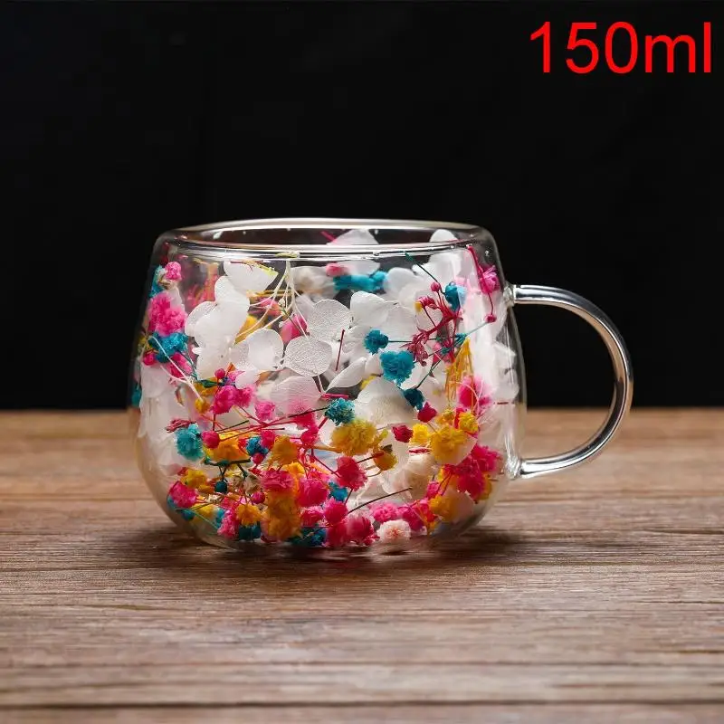 Elegant Double-Layer Glass Cup with Dried Flower Embellishment, Heat-Resistant