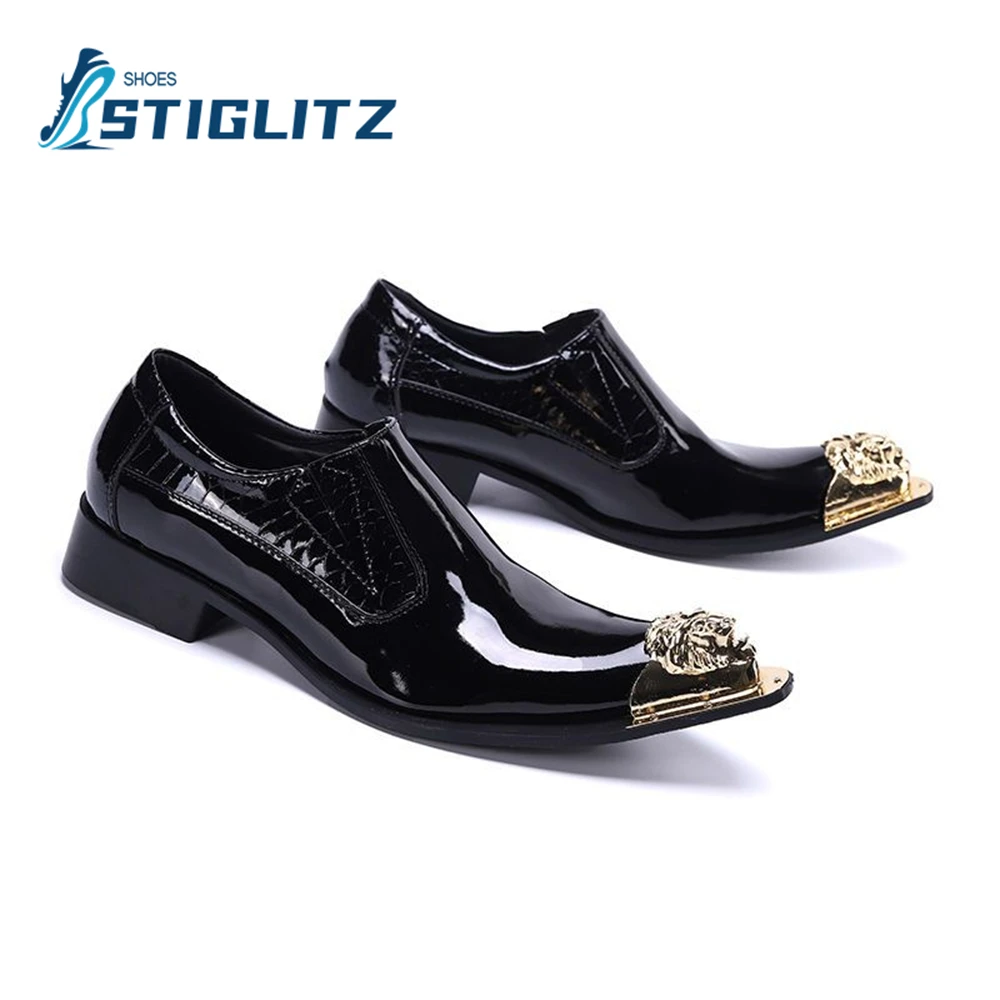 Point Metal Toe Patent Leather Chelseas Square Heel Slip On Mules Men's High Quality Casual Shoes Genuine Leather Formal Shoes