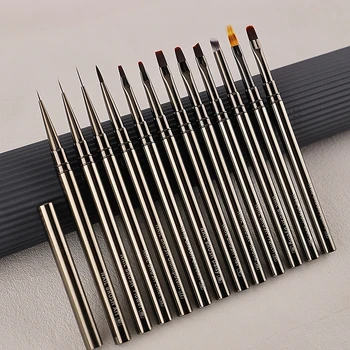 1/12Pcs Simple Nail Enhancement Brush Metal Handle Painting Drawing Flower Pen Edge Hook Uv Gel Nail Brush Nail Art Tools New