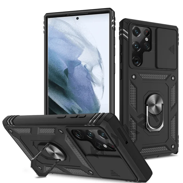 HUIKAI Case For Samsung S22 S21 FE Ultra Plus A52 A51 A32 5G Heavy Duty with Camera 360 Degree Rotate Kickstand Shockproof Cover Black