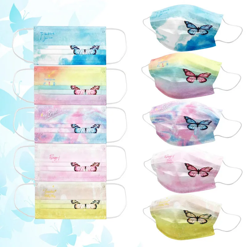 

30/50/100Pcs Individual Packaging Fashion Print Butterfly Masks 3Ply Protective Gradient Magic Color Disposable Adult Face Mask