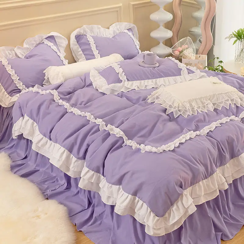 INS Korean Princess Bedding Kawaii Ruffle Lace Bed Skirt Duvet Cover Solid Color Queen Size For Girls Woman Home Textiles