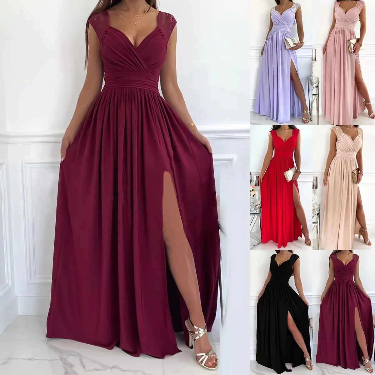 

Summer Women's Sexy Pleated Splicing Slit Long Dress Sleeveless Wedding Party Dresses For Women Chic And Elegant Woman Dress