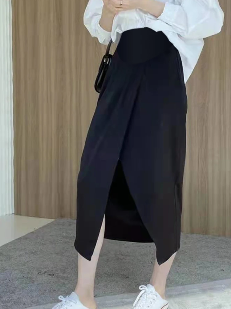 Front Split Irregular Maternity Belly Skirts Fashion High Waist Pregnant Woman Black Skirts Korean Style Pregnancy Clothes Loose