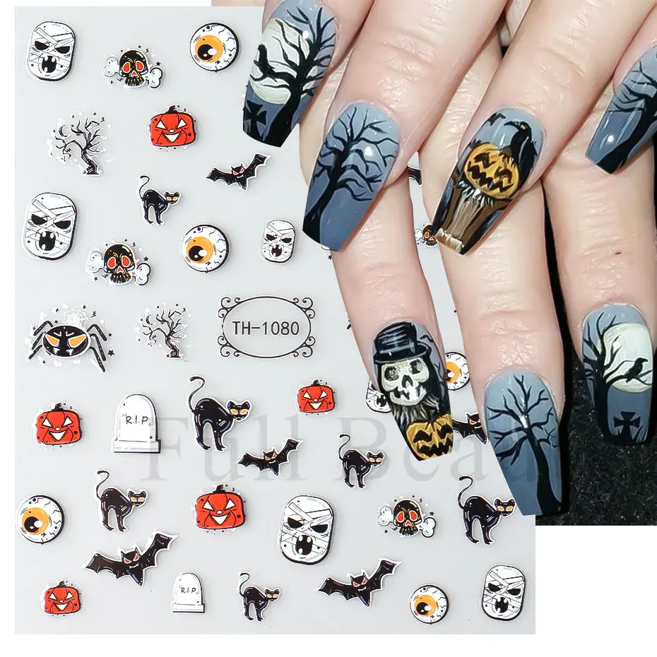 Nail Stickers Nail Stickers Halloween Series Bat Skull Bone Ghost Pumpkin Pattern 3D Self Adhesive Decals For Nails Manicure Decoration LATH nail stickers nail decals nail art decoration