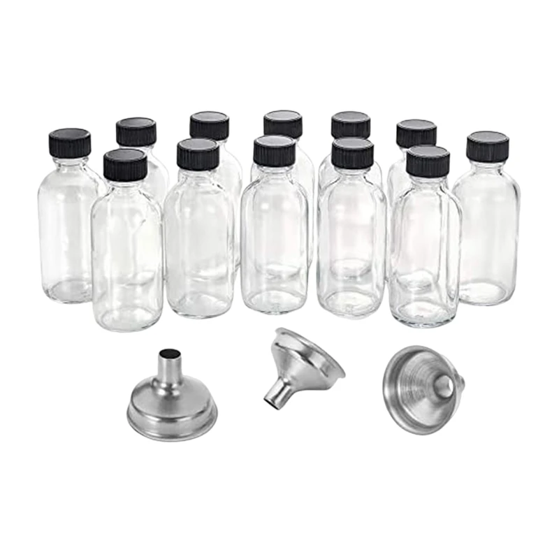 Glass Cup 12Pc Glass Bottles With Lids & 3 Funnels 60Ml Small Clear For Juice Ginger Shots Whiskey