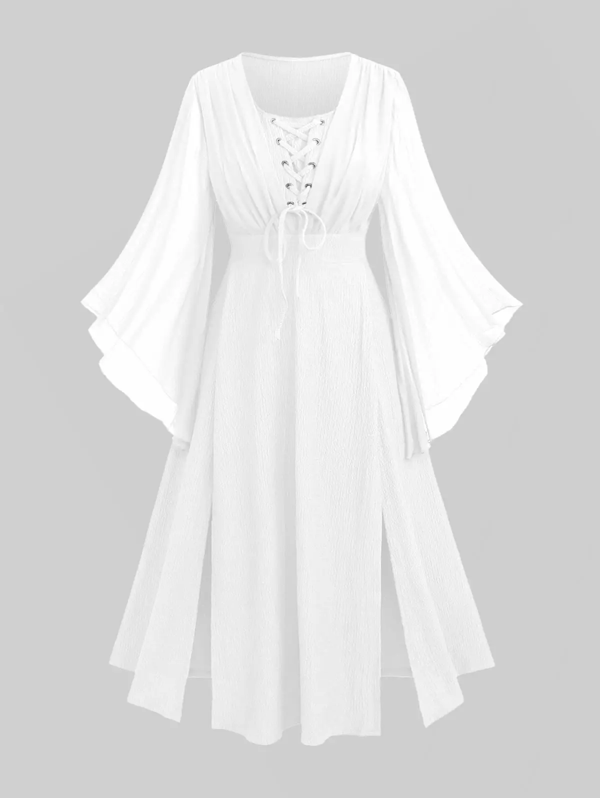 ROSEGAL Plus Size Dresses Lace Up Ruched Mesh Flare Sleeves Textured Split Dress 2025 Autumn Women Daily Holiday Casual Dress 3