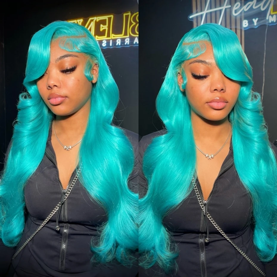 13x6 Teal Ocean Blue Lace Front Wig Human Hair Body Wave Transparent Lace Frontal Wigs For Women Remy Turquoise Hair 38 40 inch 1