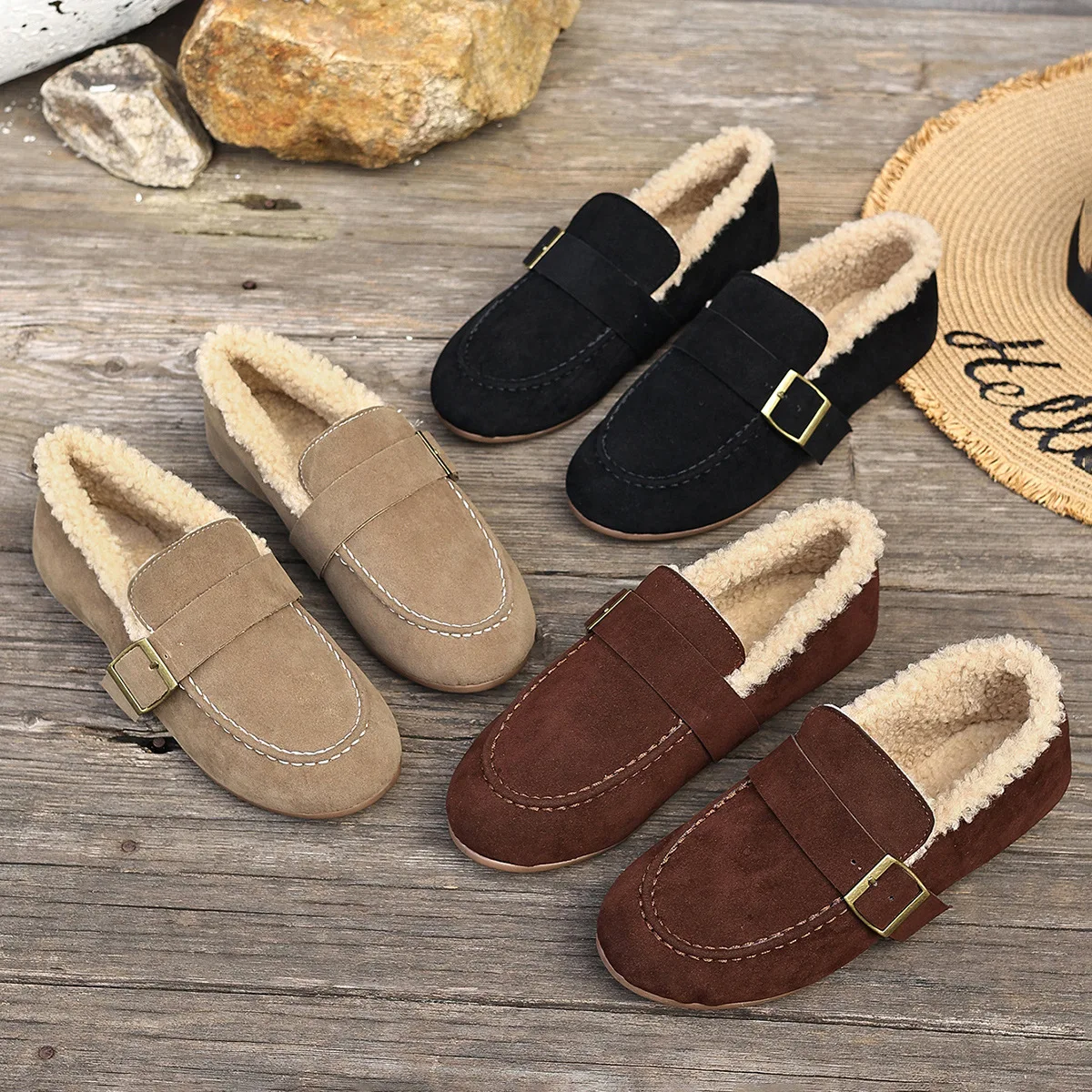 Casual Lambswool Loafers Women Flats Belt Strap Shoes Winter Furry Shoes Ladies Cotton Mocasines Warm Slip On Sheep Fur Boots