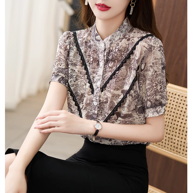 Summer Retro Ink Printing Short Sleeve Female Shirt Lace Patchwork Single-Breasted Vintage Woman Chiffon Shirts Elegant Blouses