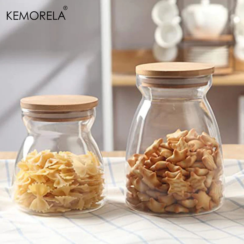 KEMORELA 1PCS Wood Lid Glass Airtight Canister Food Container Tea  Kitchen Storage Bottles Jar Sealed Grounds Jars Organizer 4