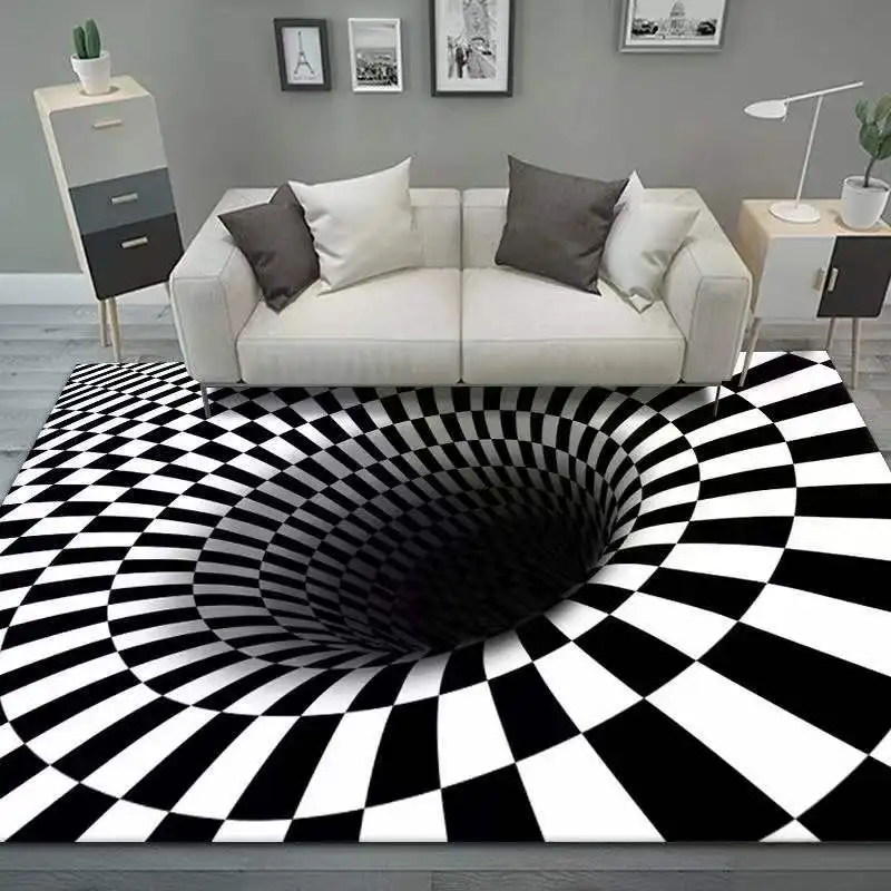 Tapete de área 3D Tapete Tapete de ilusão de ótica sem fundo Tapete xadrez  preto branco tapete de ilusão óptica vórtice para quarto
