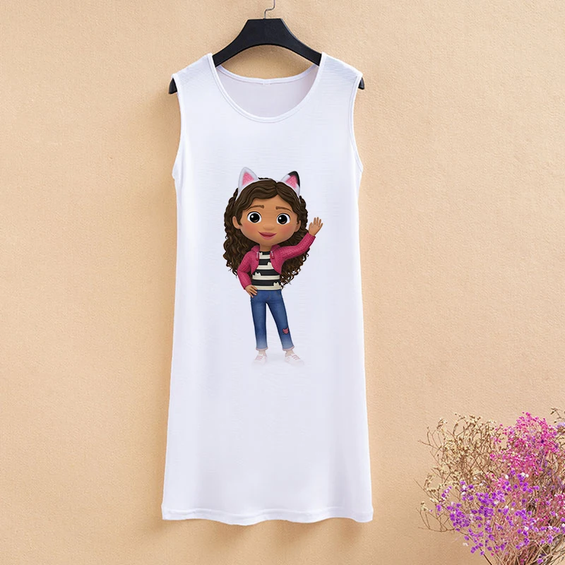 Girls Kawaii Nightdress Cute Gabby Doll House Cartoon Print Kids Home Comfort Summer Fashion Girls Clothes White Camisole Tops pajama sets boy