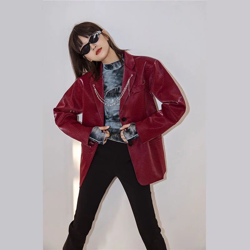 

Streetwear Casual Women Faux Leather Blazers Coat Wine Red Korean Chain Notched Collar Long Sleeve Suit Jacket Autumn Female New