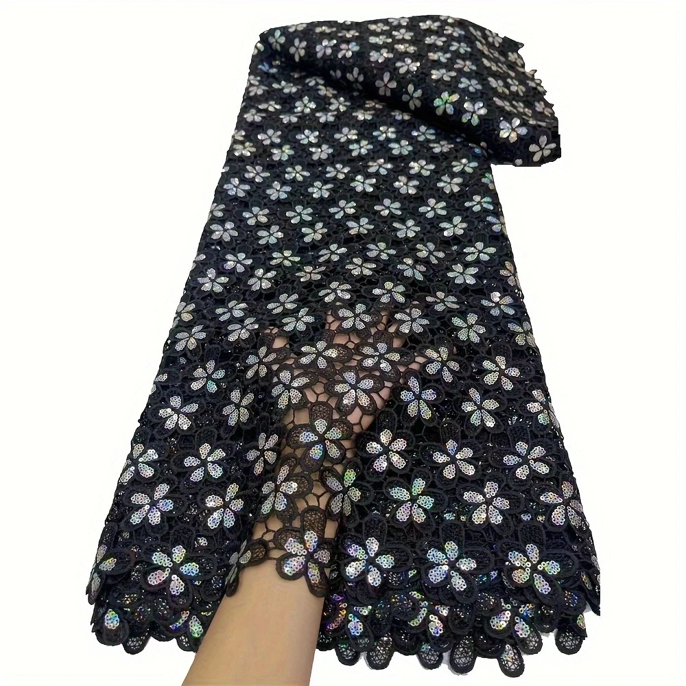 African Guipure Cord Lace Fabric With Sequins High Quality Lace Nigerian French Guipure Cord Fabric For Wedding Party