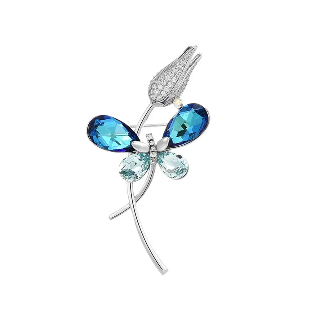 Luxurious Crystal Tulip Brooch Pin for Women Elegant Blue Butterfly Insect Corsage Clothes Decoration Jewelry Accessories