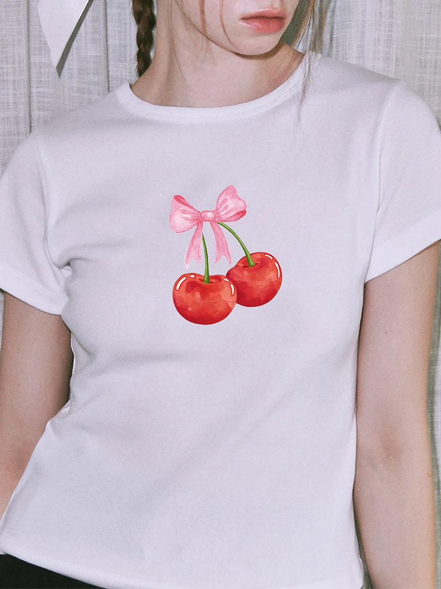 

Women's Cute Bow Print T-shirts Summer Casual Short Sleeve Crewneck Loose Fit Tee Teen Girls White Tops Kawaii Daily Life Y2K