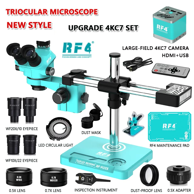 RF4 3.5X 50X 100X 동시 초점 이중 붐 스탠드 줌 삼안 스테레오 현미경 광시야 2K 4K HDMI USB 카메라 RF-F033C