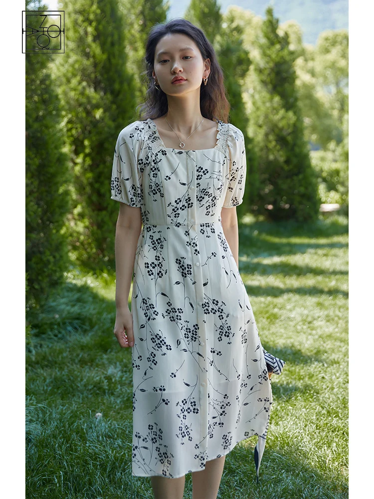 ZIQIAO French Square-neck Floral Dress Women Waist Thin Slit Long Skirt Elegant Vintage Print Female Clothing Summer 2022