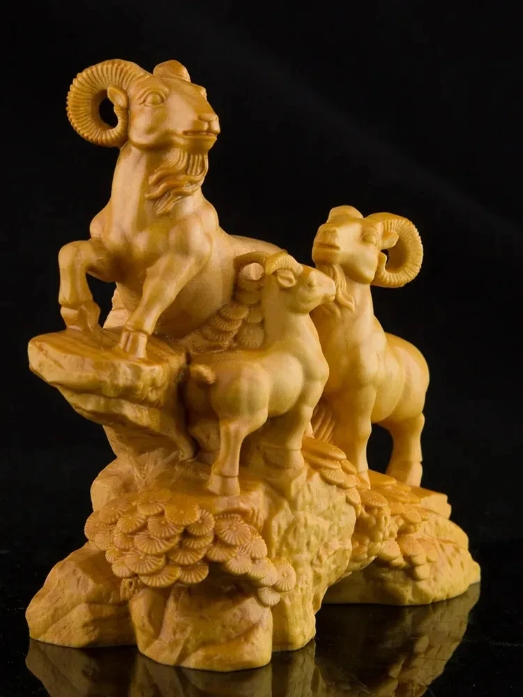 

10X10X4.8 CM Goat Family Boxwood Sculpture Feng Shui Wood Carving Wealthy Animal Collection Ornaments