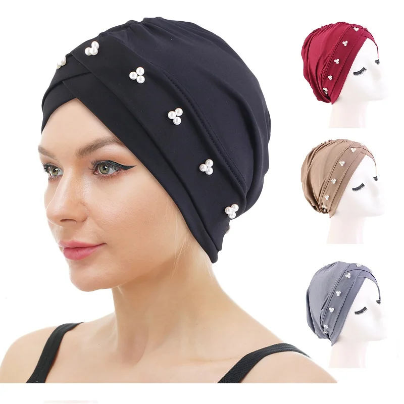 New Women Elastic Forehead Cross Turban Hat Muslim Hijab Islamic Beads Cancer Chemo Cap Ladies Hijab Stretch Head Wrap Bonnet foxmother new fashion navy white pink foil gold plaid cross muslim hijab scarfs shawl wrap scarves for ladies bufanda echarpe