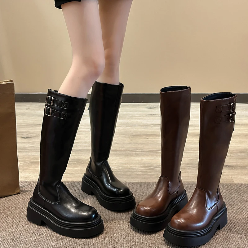 

Женские сапоги на молнии, женская обувь, осенние сапоги-Женские привлекательные сапоги до бедра с круглым носком на высоком каблуке, привлекательная обувь в стиле "Лолита" на среднем каблуке, 2023