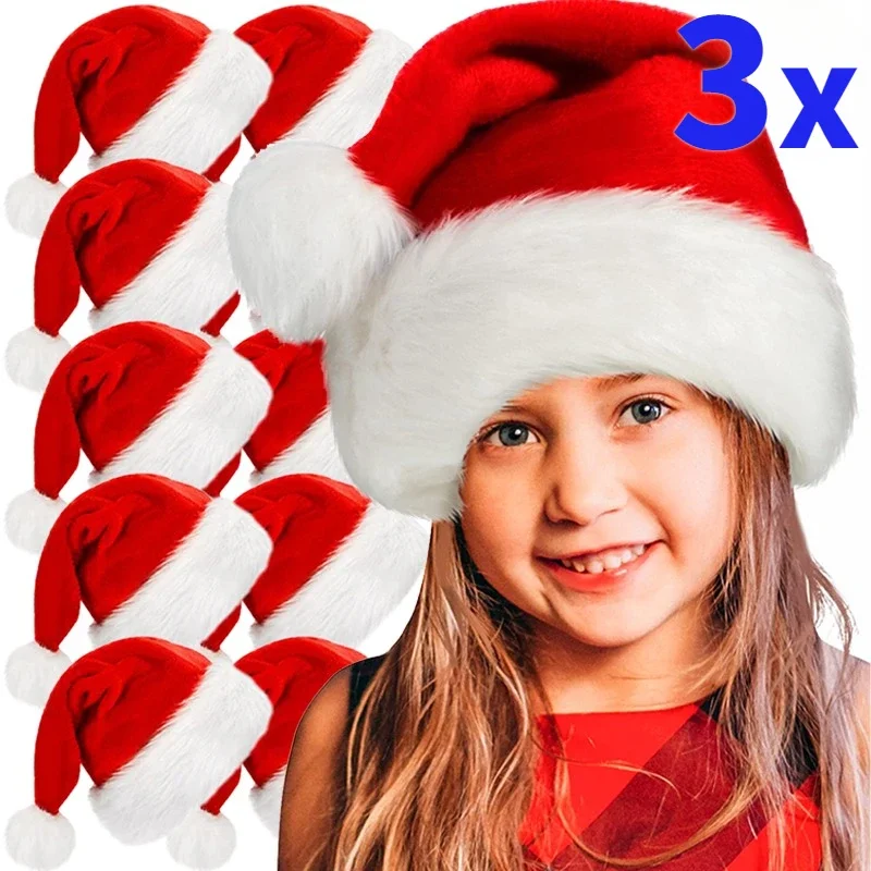 Thickened Plush Christmas Hat for Adults Kids Soft Velvet Santa Claus Caps Hats 3/1PCS Xmas New Year Festival Party Decor Gifts