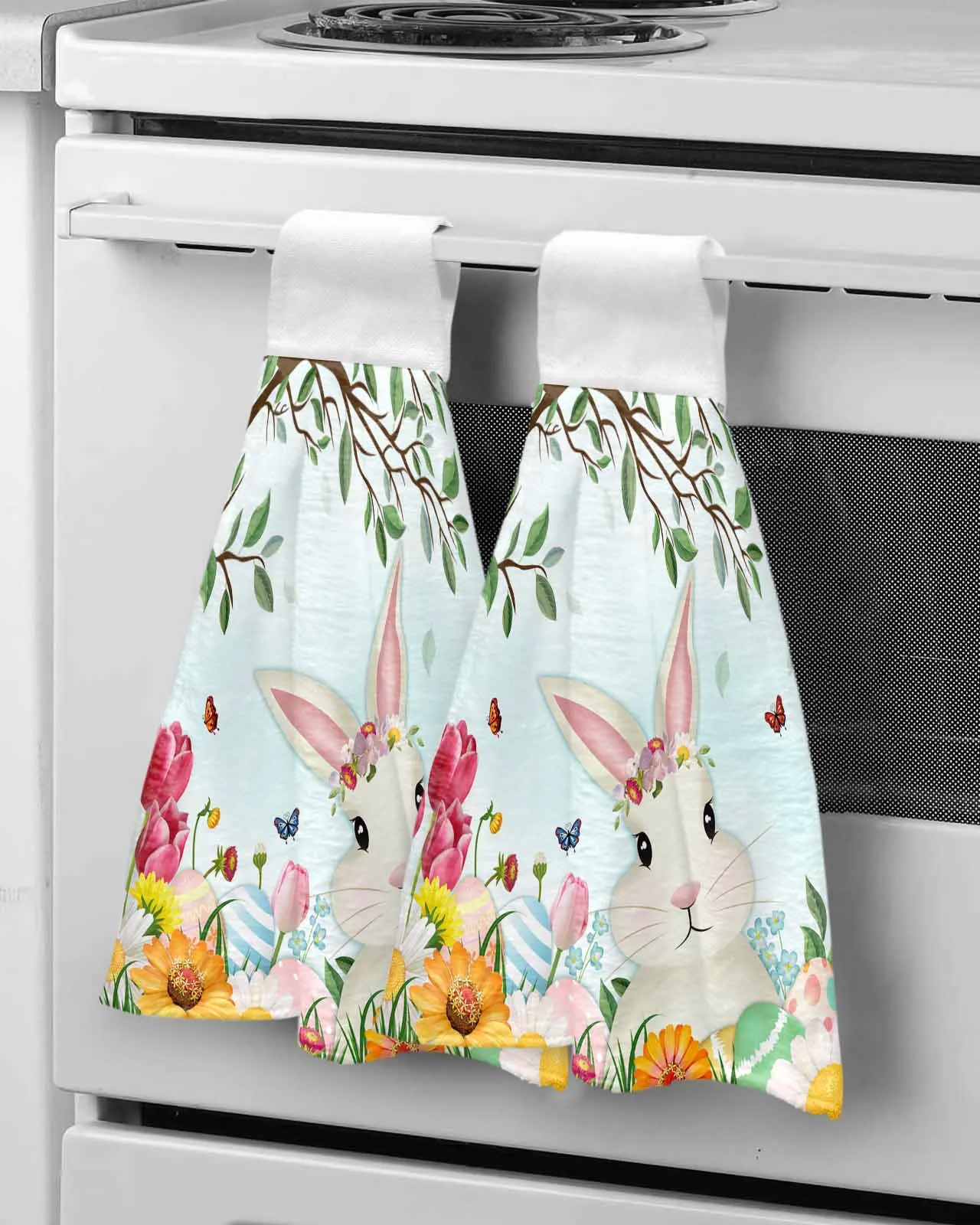 

Easter Bunny Eggs Spring Flowers Leaves Hand Towels Kitchen Bathroom Hanging Cloth Quick Dry Soft Absorbent Microfiber Towels