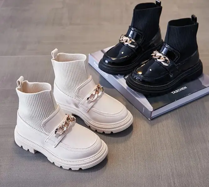 Girls Leather Boots Metal Chains Flying Woven Stitching Princess Boots 2024 Fashion Socks Boots Kids Leather Soft Boots Children 2