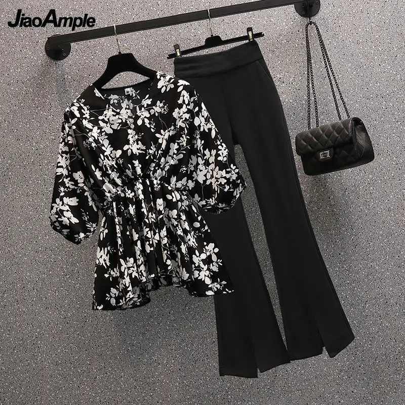 Women's Summer Waist Floral Chiffon Shirt Micro-Pants Two-Piece Korean Elegant V-Neck Print Top Trousers Set Femlae Casual Suit autumn and winter high waisted jeans denim flared pants women s elastic thin straight micro pants elastic waist trousers m 4xl