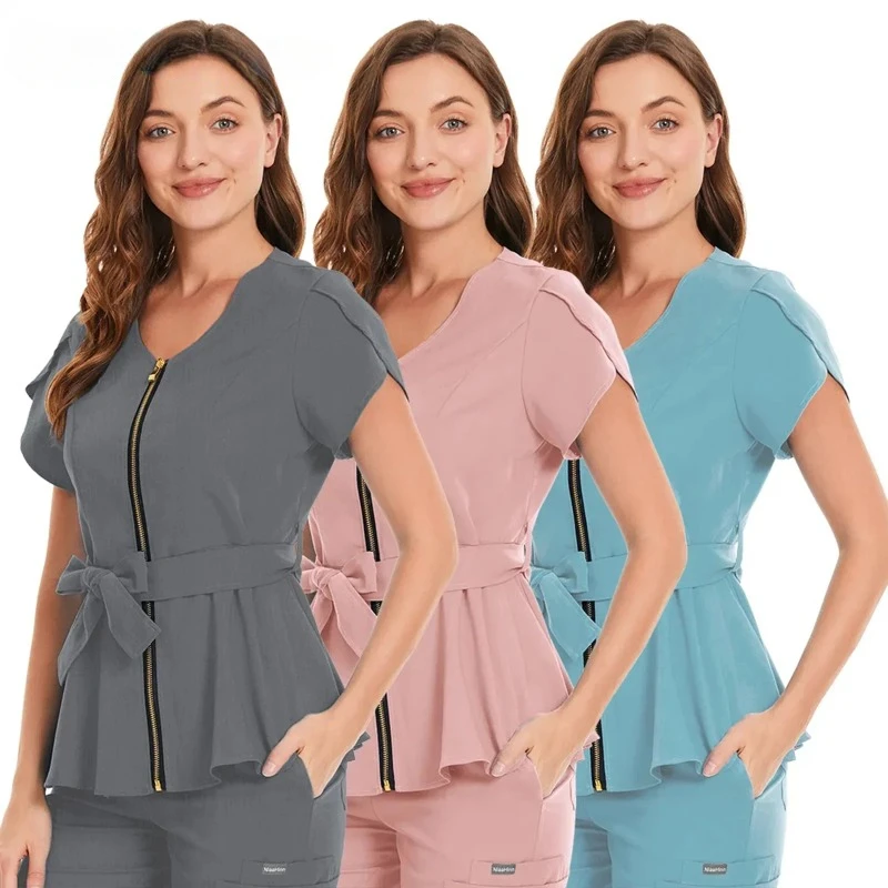 

Short Sleeve Beauty Salon Workwear Temperament Women's Top Nursing Blouse Sexy Zip Scrub Tops Nursing Uniform T-shirt 2 Pockets