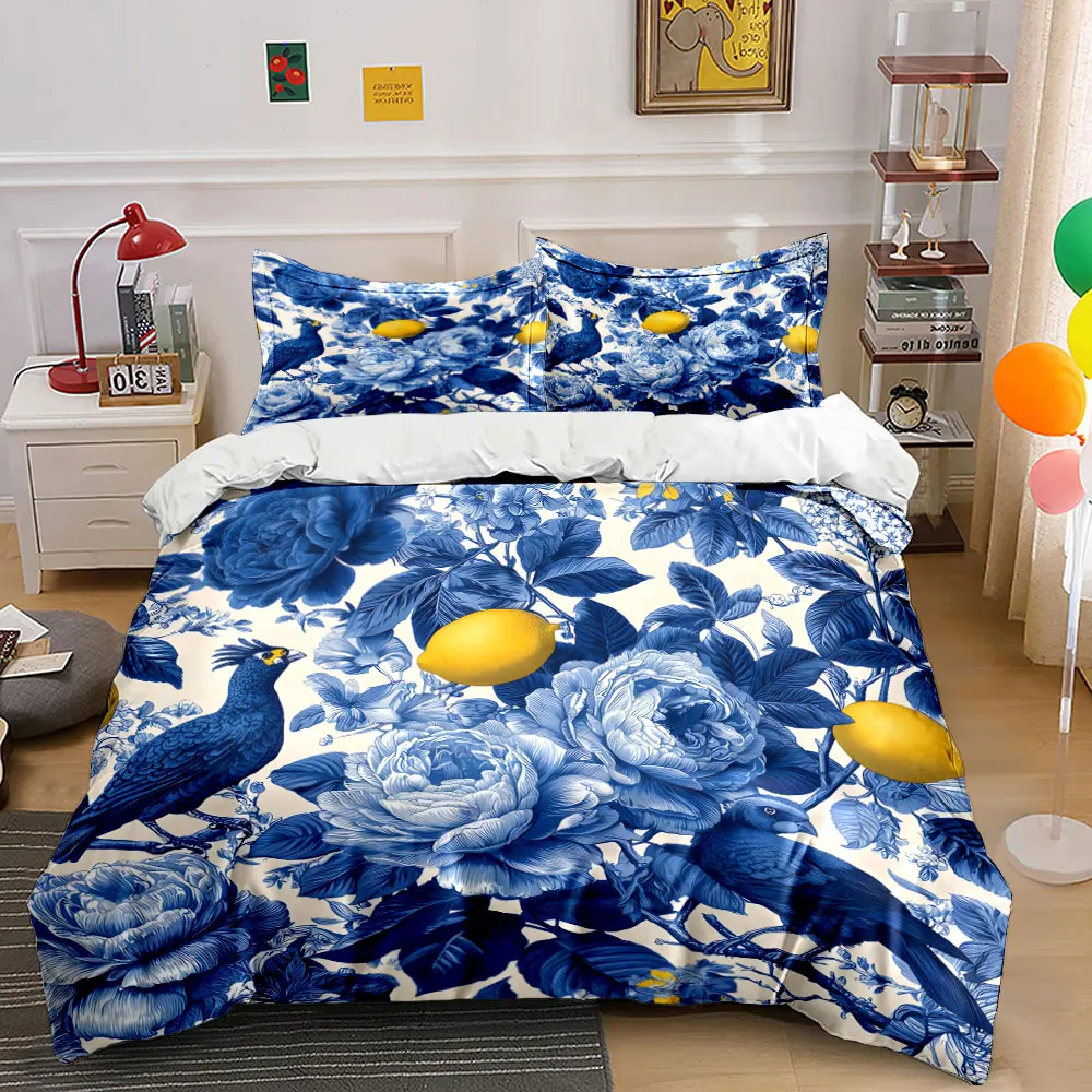 3pcs Blue floral with lemon birds Duvet Cover Set with 3D Printing Design Soft Polyester Bedding Set All-Season Comfort 5