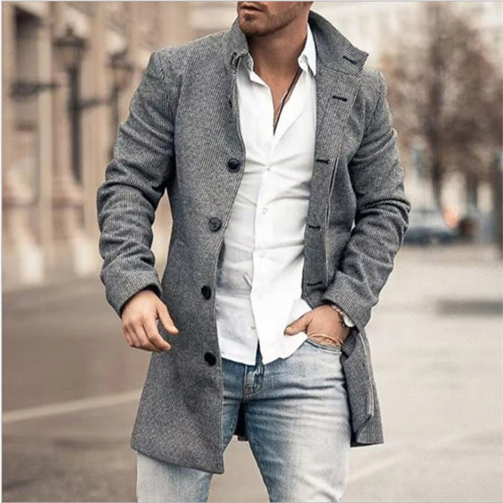 Men Clothing 2023 European American Autumn Winter New Men's Woolen Stand Neck Mid Length Pocket Casual  Coat