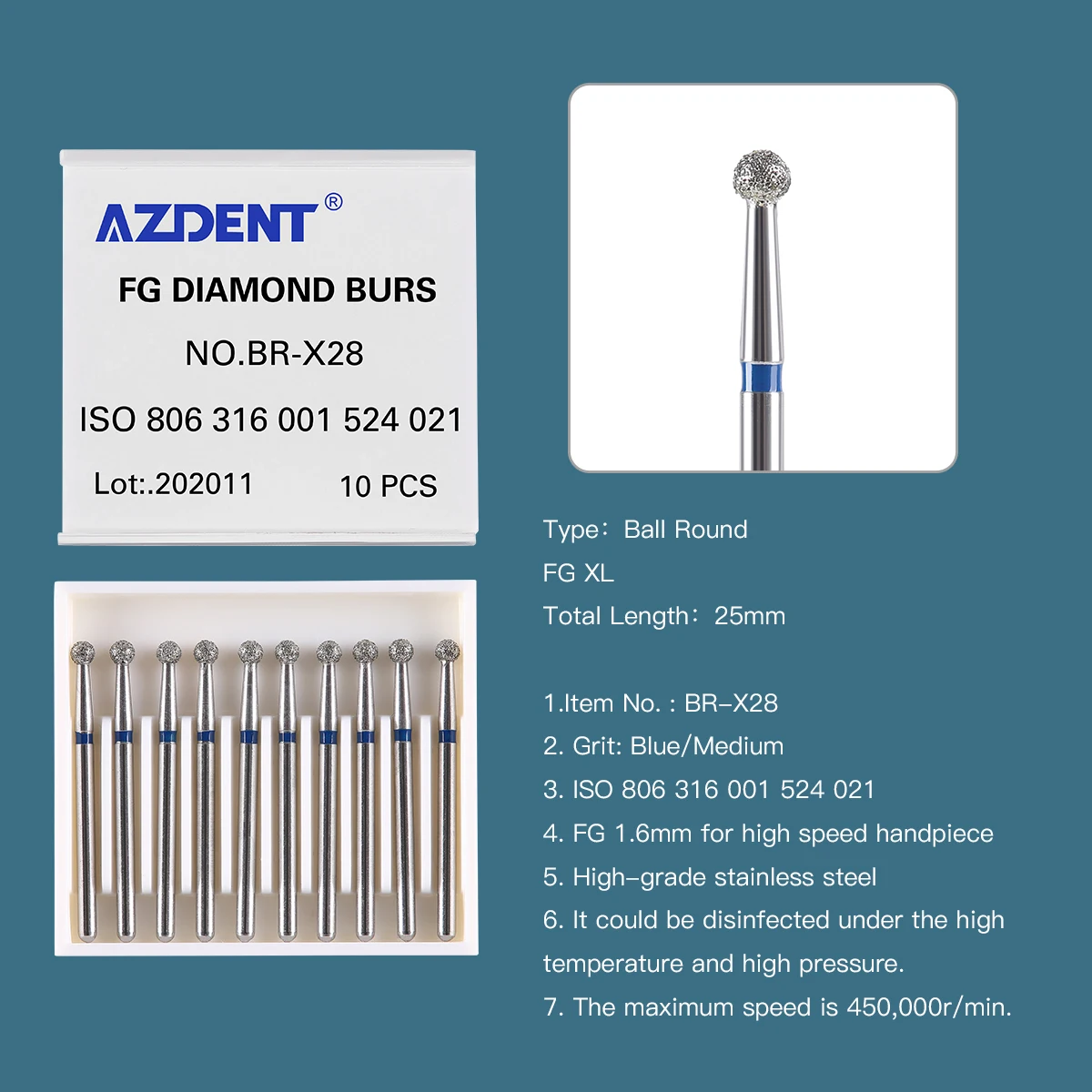 10 Packs (50 Total) AZDENT Dental Diamond Burs - Medium Drill FG Shank For Handpiece