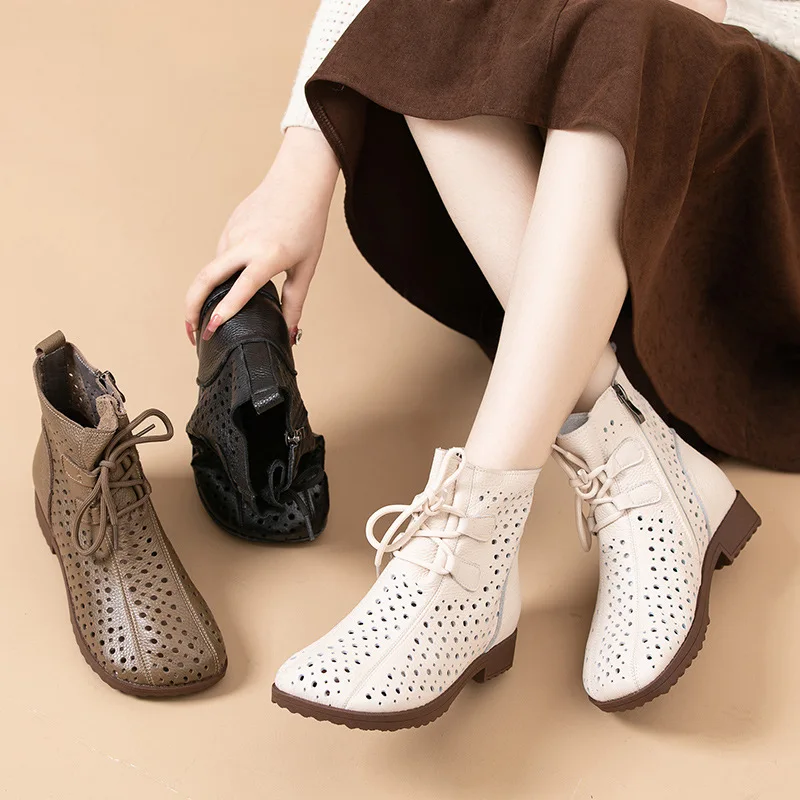 GKTINOO Spring Summer 100% Genuine Leather Boots Breathable Hollow