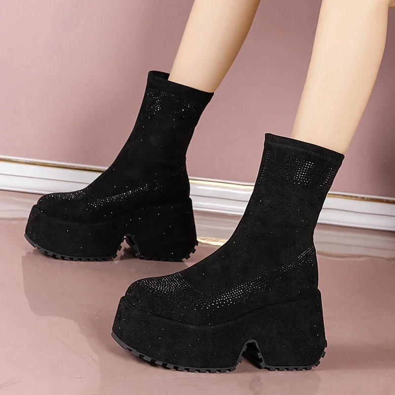 

Brand Women Wedges Platform Shoes High Heels Crystal Chelsea Boots 2024 New Winter Chunky Ankle Boots Pumps Fad Sexy Snow Botas