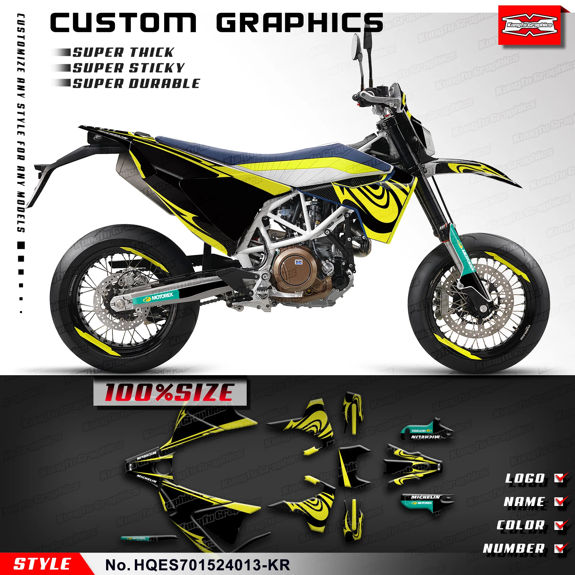 

KUNGFU графические Наклейки на заказ, комплект виниловой пленки для Husqvarna Enduro Supermoto 701 2015-2024, HQES701524013-KR