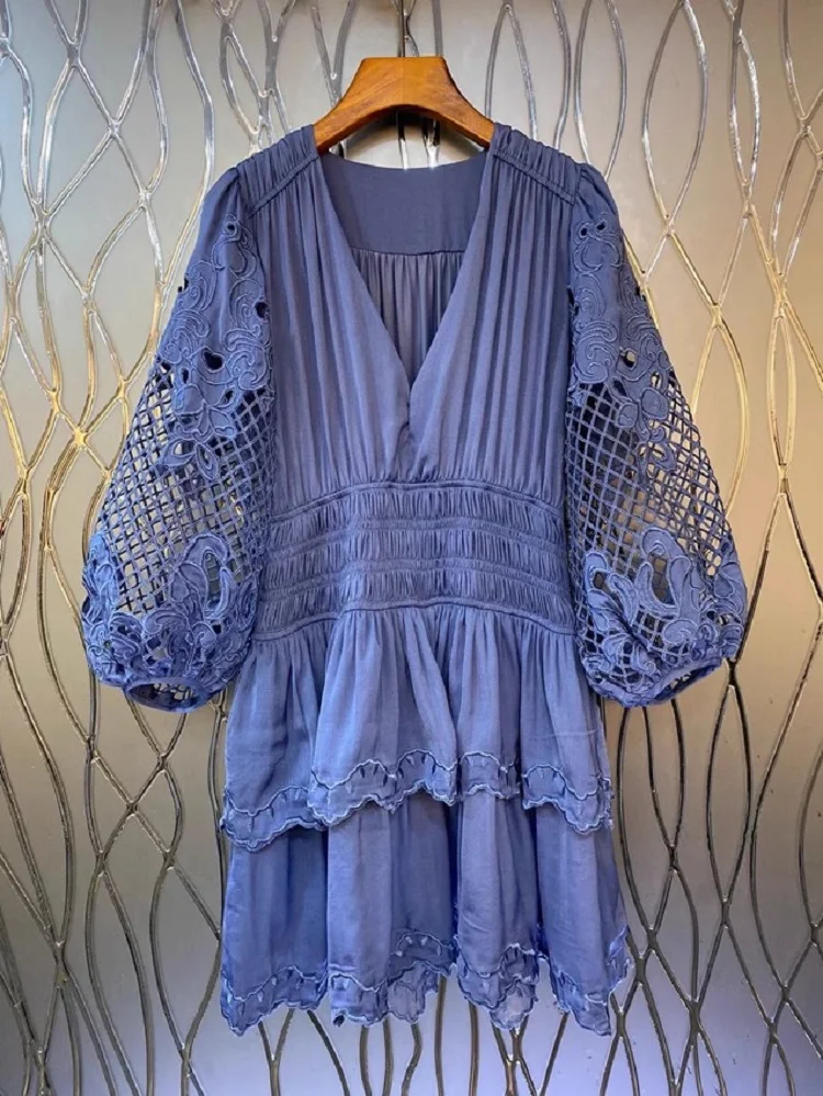 

Newest Fashion Autumn Style Dress 2023 High Quality Ladies Sexy V-Neck Hollow Out Lace Embroidery Lantern Sleeve Blue Dress Club