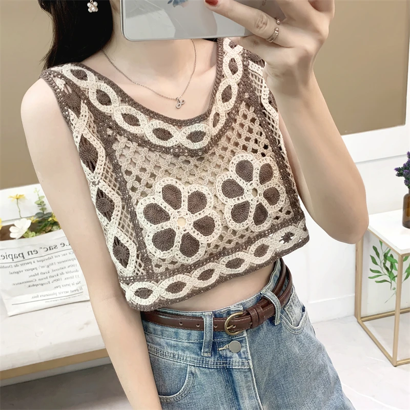 

Boring Honey Retro Hollow Out Tank Top Women Round Collar Short Summer Clothes For Women Sleeveless Join Together Corset Top