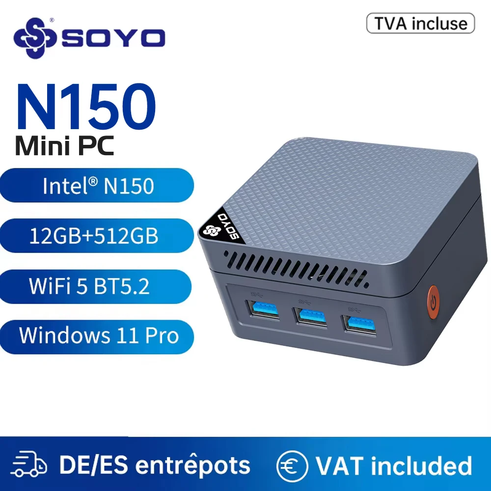 Mini-PC SOYO Intel Twin Lake N150 Processador LPDDR5 12 GB RAM 512 GB ROM Windows 11 Pro MiniPC WiFi 5 Desktop-Computer