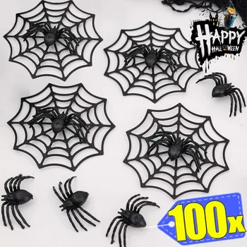 Realistic Spiders with Spider Web Halloween Black Spiders Decor Horror Small Props for Haunted House Halloween Party Decoration