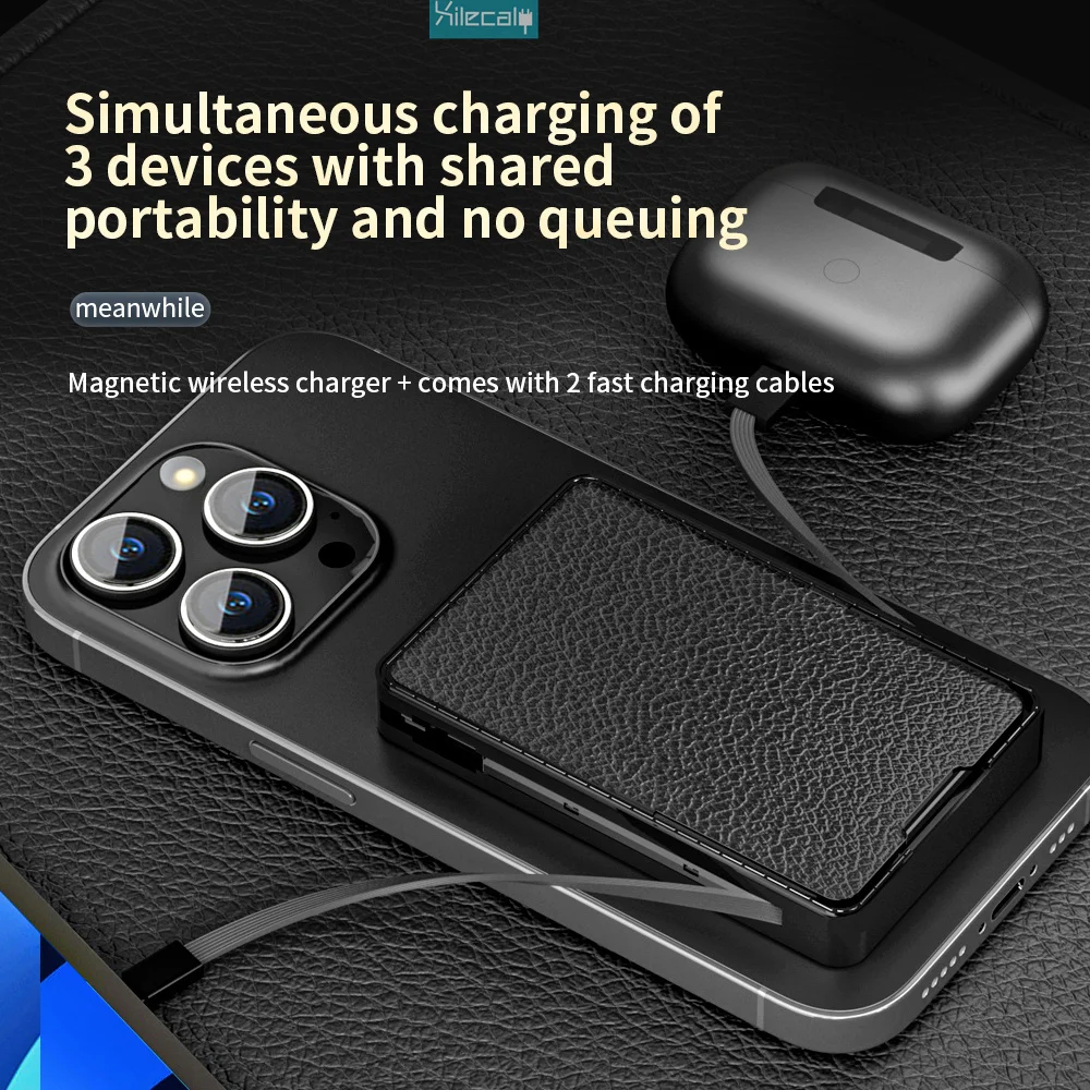 Xilecaly Ultra-Thin For MagSafe Wireless Power Bank with Phone Stand Leather Design 10000mAh PD Fast Charging for iPhone 16 15 6