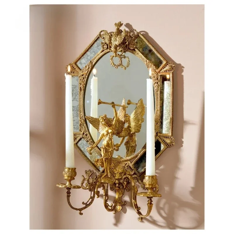

household wall decorations luxury ceramic with Bronze oval hanging angel mirror with 2 arms candlestick holder