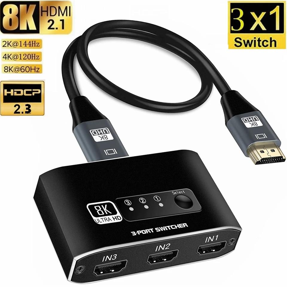 Boîtier de commutation HDMI 120, 30 jeux, 8K 60hz 4K à 2.1 hz, 3x1