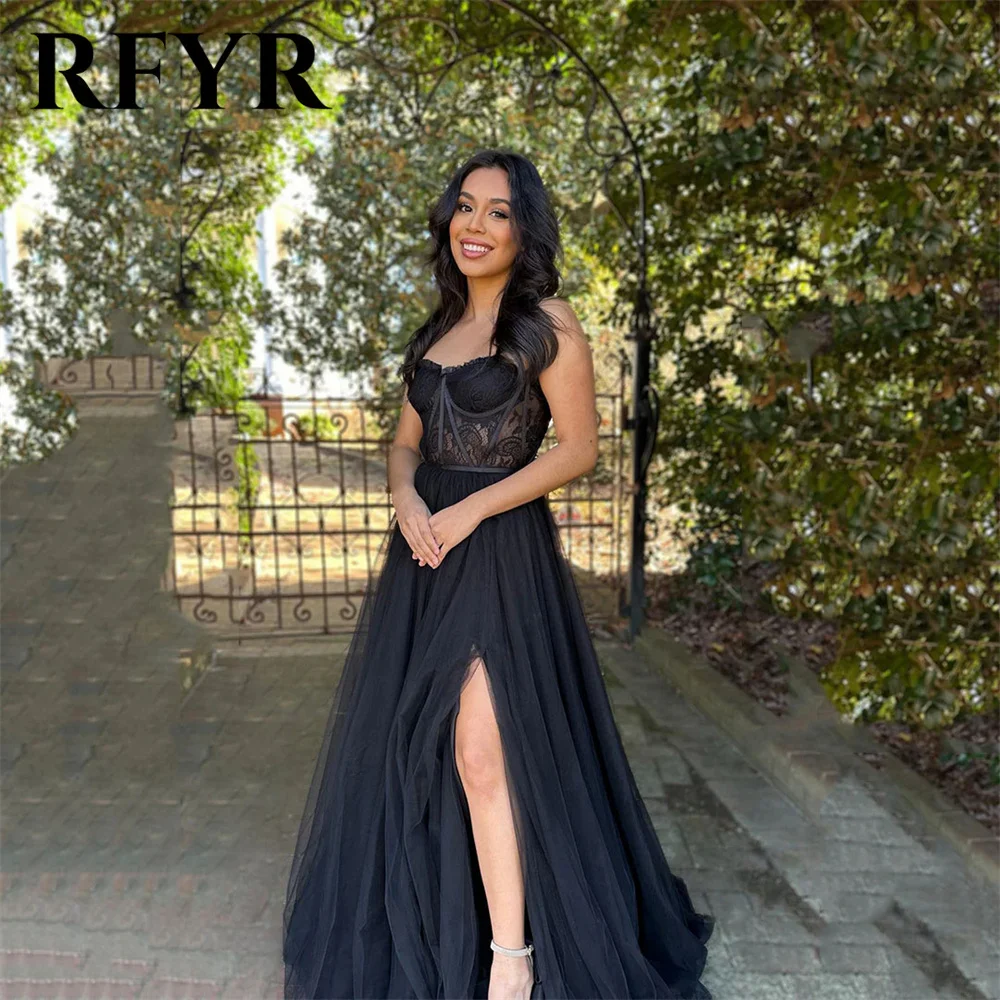 

RFYR Black Net Prom Dresses Lace Sweetheart Evening Dresses Sleeveless A Line Formal Occasion Dresses Side Split robes du soir