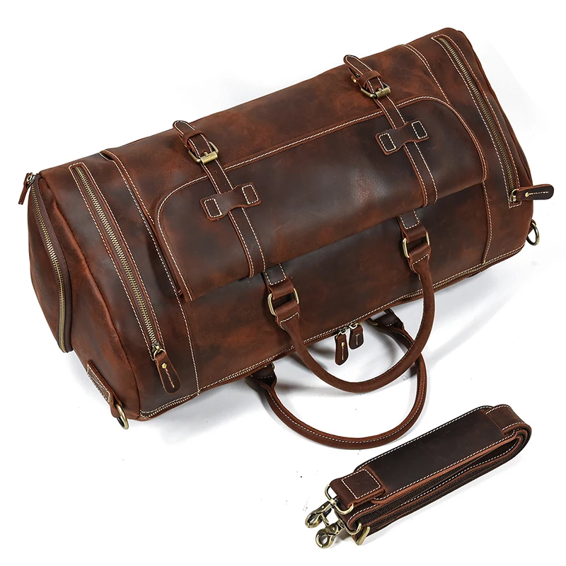 22′ Men’s Genuine Leather Travel Duffle Bag With Shoe Pocket