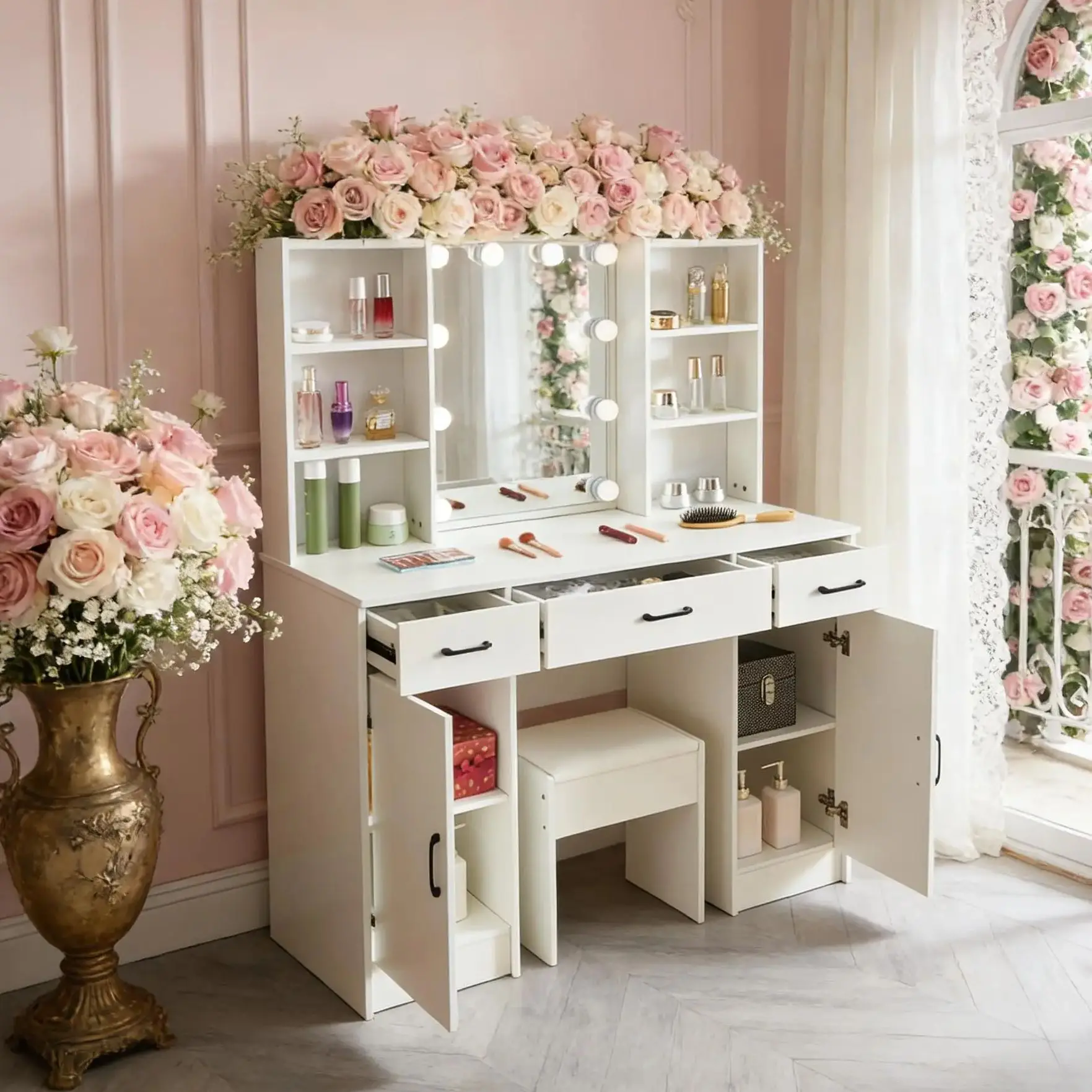 Teousev Makeup Vanity Dressing Table Set with Large 3-Color Dimmable 10 LED Bulbs Mirror 3 Storage Drawers Bedroom Furniture