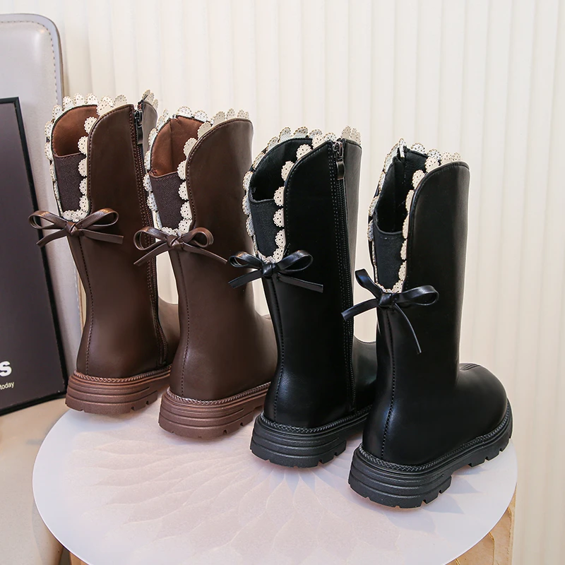 Black Mid Calf Lace Boots for Kids Autumn Breathable